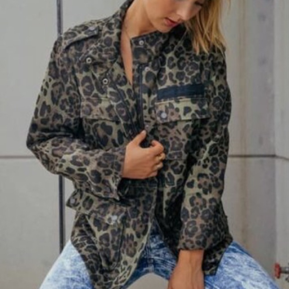 Avec Les Filles Olive Leopard Cotton Camo Cargo Jacket
